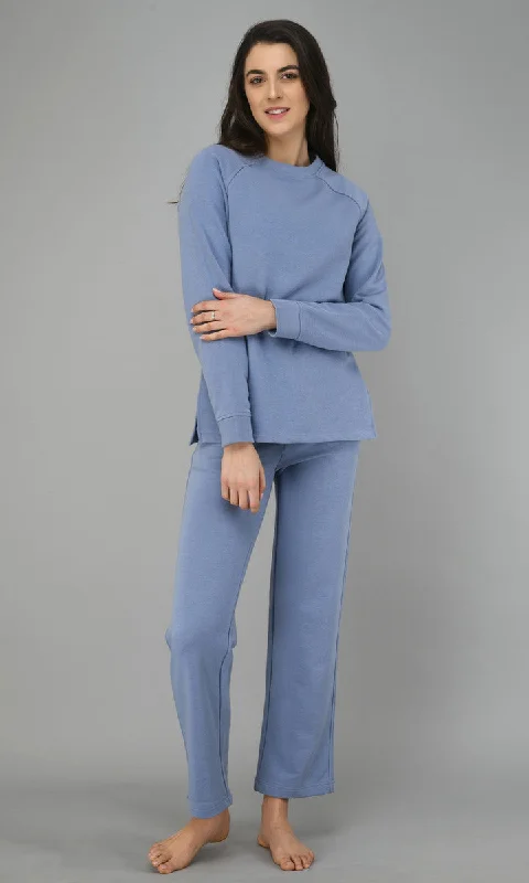 Ice-Blue Fleece Long Pullover Set Trendy pajama sets for women