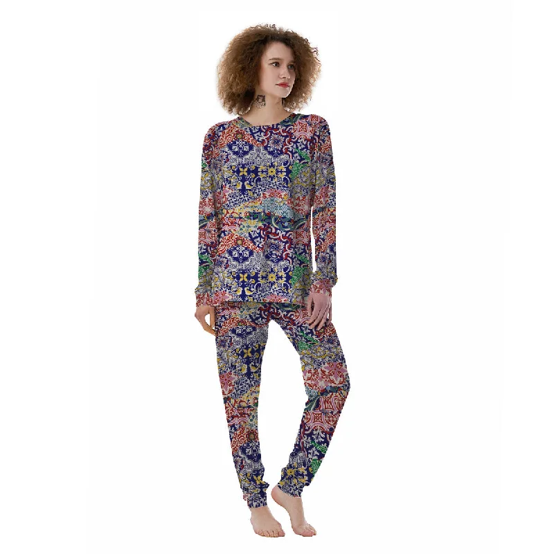 Patchwork Azulejos Tiles Print Pattern Women's Pajamas Short sleeve pajama sets