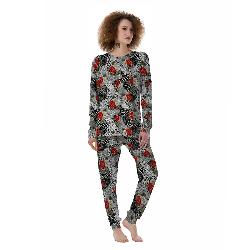 Patchwork Black White And Floral Print Pattern Women's Pajamas Polyester pajama sets