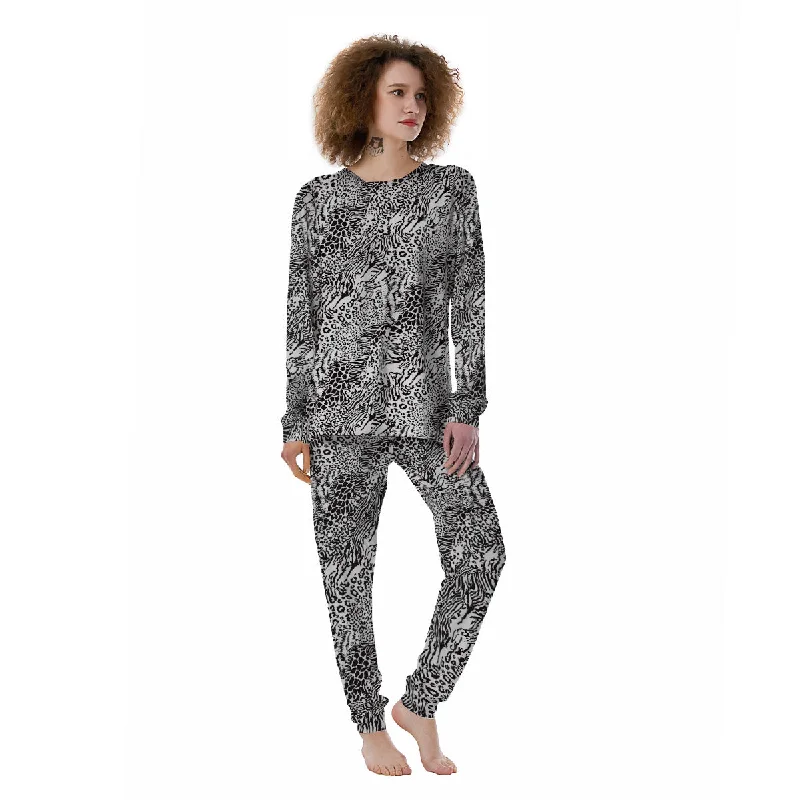 Patchwork Black White Animal Skins Print Pattern Women's Pajamas Petite pajama sets