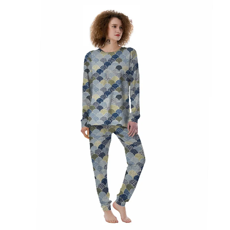 Patchwork Blue Traditional Japanese Print Pattern Women's Pajamas Trendy pajama sets for women