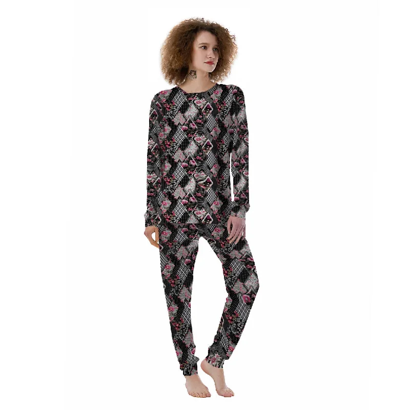 Patchwork Floral Black Pink Print Pattern Women's Pajamas High-end pajama sets