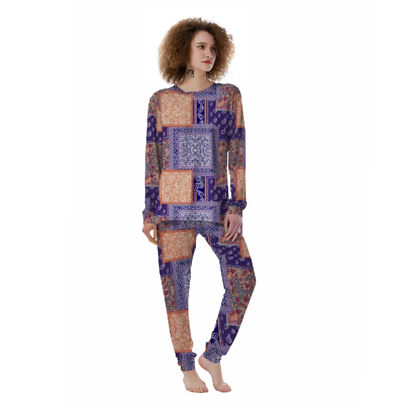 Patchwork Paisley Blue And Orange Print Pattern Women's Pajamas Camisole pajama sets