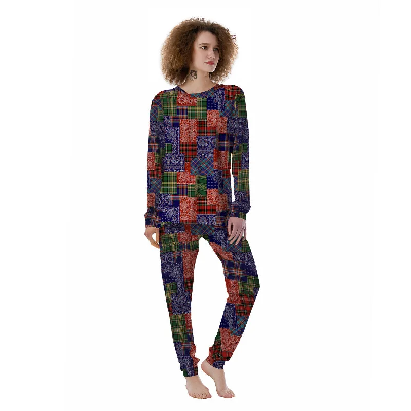 Patchwork Tartan And Bandana Print Pattern Women's Pajamas Satin pajama sets