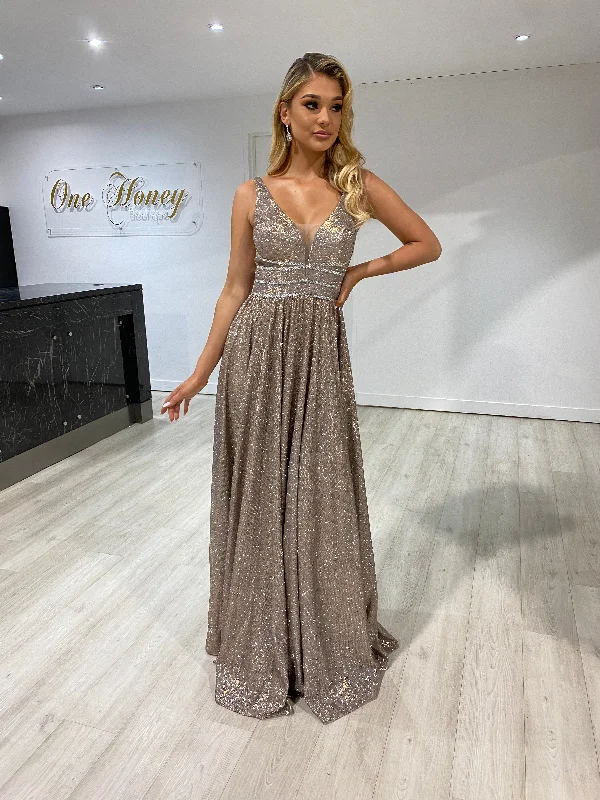 Honey Couture ANYA Copper Shimmer A Line Formal Gown Dress Sleeveless Lace Robe