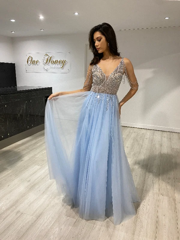 Honey Couture DEBBIE Blue Beaded Tulle Skirt Formal Dress Elegant Lace Gown