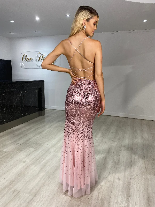 Honey Couture KALLIE Pink Sequin Ombre Corset Formal Dress Satin Kimono Gown