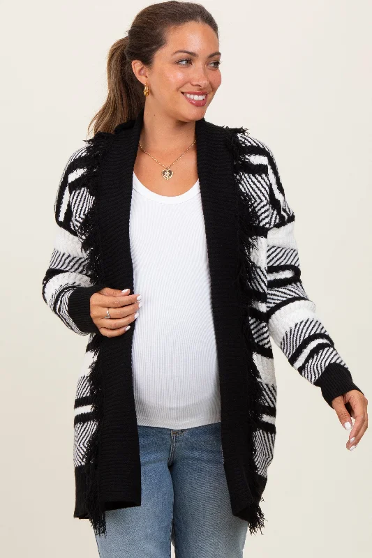 Black Mixed Stripe Fringe Shawl Collar Maternity Cardigan Fleece sweaters