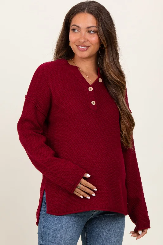 Burgundy Diamond Knit Button Detail Maternity Sweater Outdoor sweaters