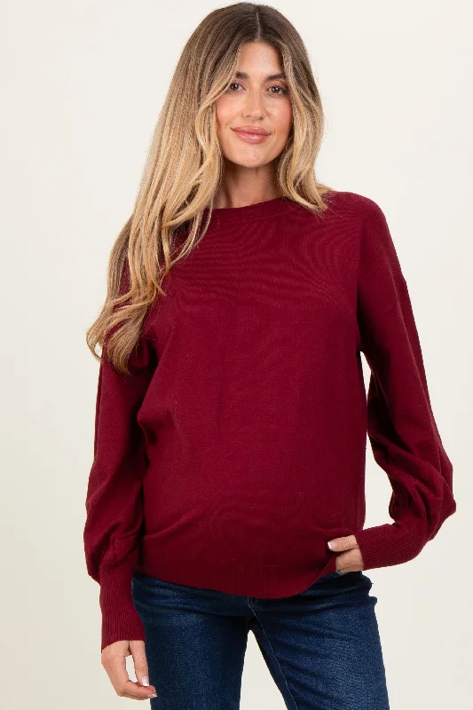 Burgundy Fine Knit Balloon Sleeve Maternity Sweater Best sweaters for travel