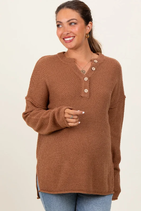 Camel Diamond Knit Button Detail Maternity Sweater Lightweight sweaters