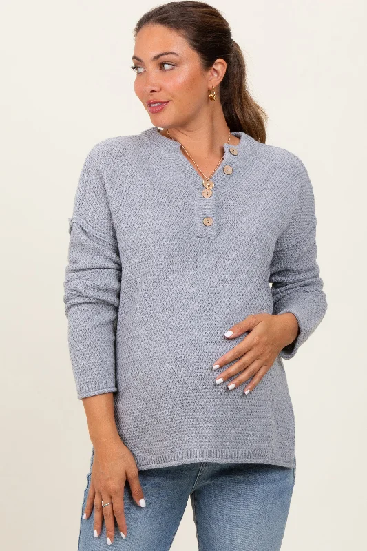 Heather Grey Diamond Knit Button Detail Maternity Sweater Eco-friendly sweaters