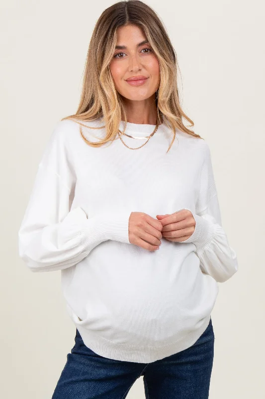 Ivory Fine Knit Balloon Sleeve Maternity Sweater Best sweaters for cozy nights