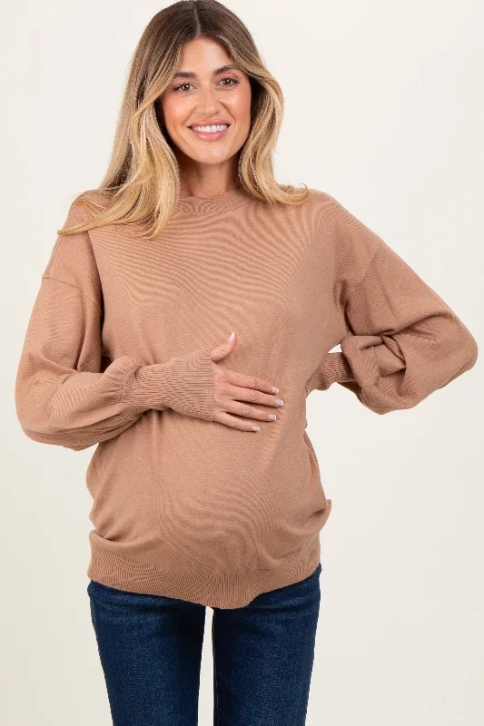 Mocha Fine Knit Balloon Sleeve Maternity Sweater Best sweaters for fall