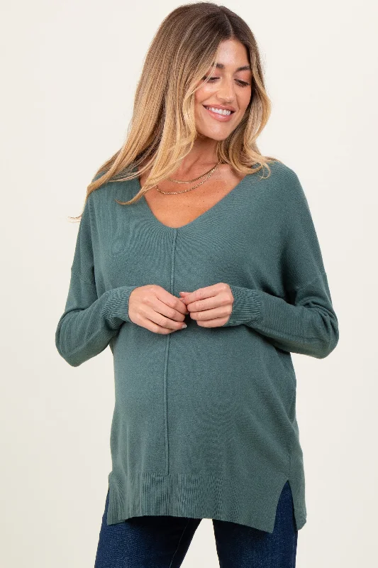 Olive Front Seam V-Neck Side Slit Maternity Sweater Trendy oversized sweaters