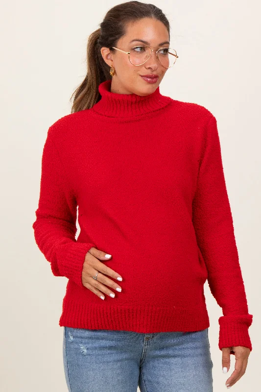 Red Turtleneck Chenille Knit Maternity Sweater Cheap sweaters