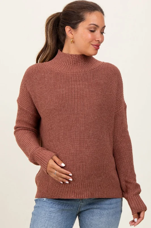 Rust Relaxed Mock Neck Maternity Sweater Knitted sweaters