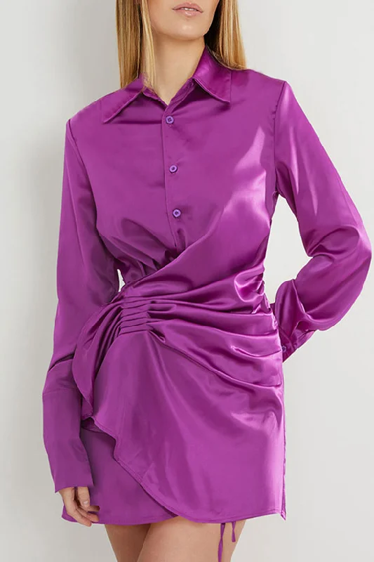 Asymmetric Long Sleeve Ruffle Ruched Satin Shirt Mini Dress - Fuchsia Women's trendy mini dresses sale