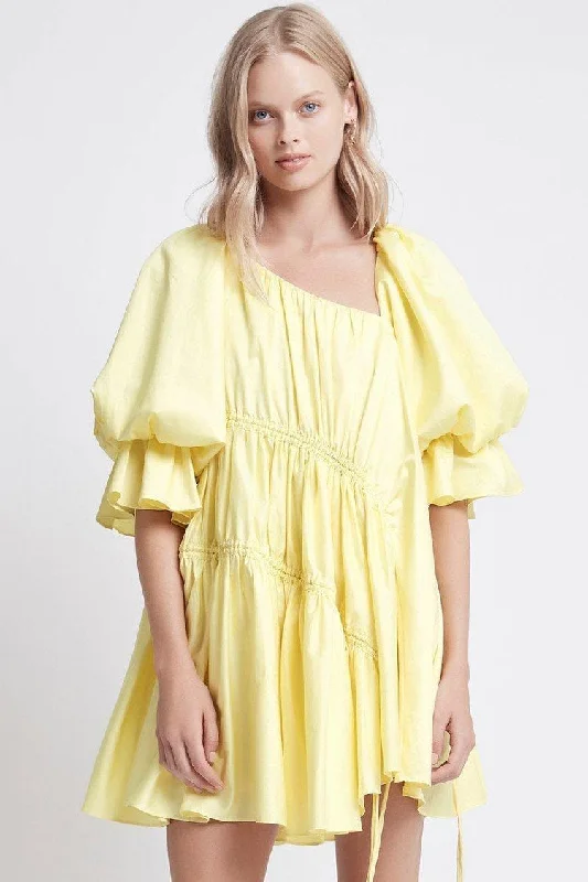 Asymmetric Ruffle Puff Sleeve Drawstring Babydoll Dress - Yellow Best mini dresses for casual wear