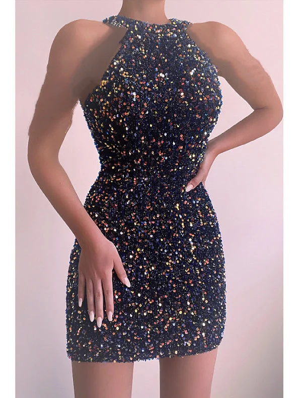 Fashion Sleeveless Halter Neck Sequins Mini Dress Strapless mini dresses