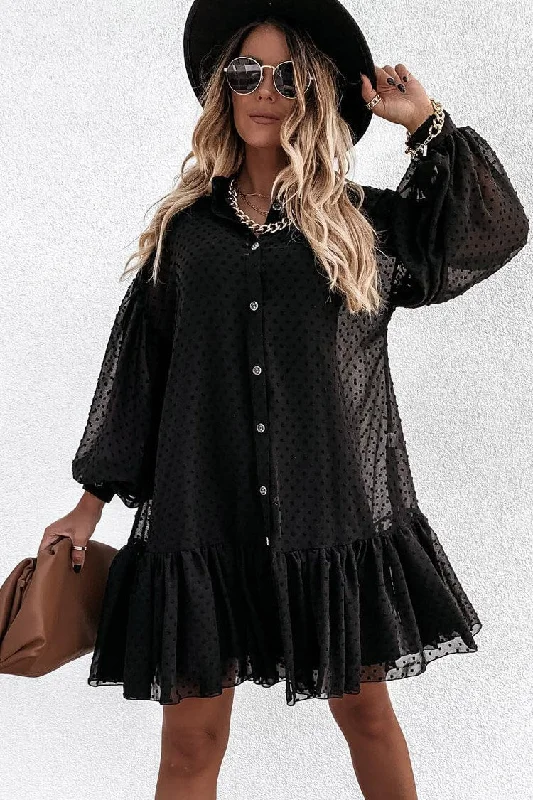 Swiss Dot High Neck Button Down Bishop Sleeve Mini Babydoll Dress - Black Street style mini dresses