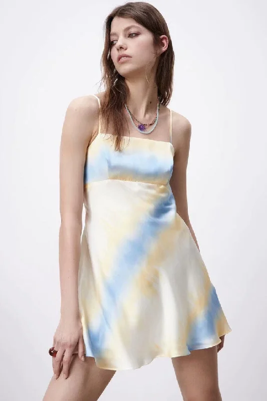 Tie Dye Print Square Neck A-Line Slip Mini Dress - Yellow Festival mini dresses