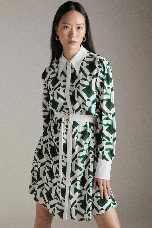 Trendy Geometric Print Long Sleeve Shirt Mini Dress - Green Knitted mini dresses