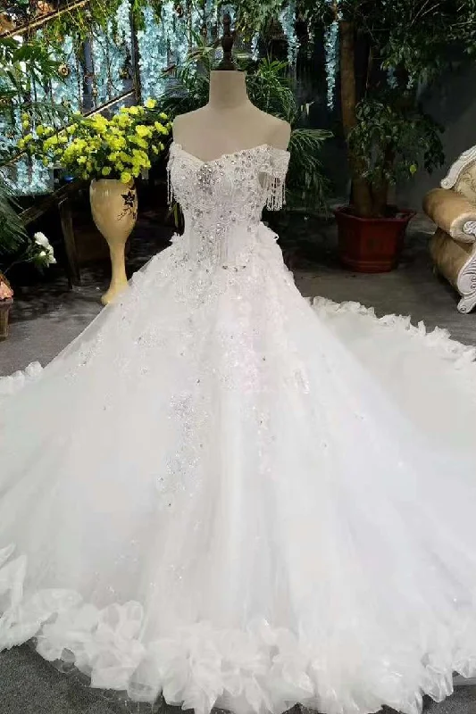 2024 Fantastic Bling Bling Wedding Dresses Off The Shoulder With Appliques And Sequins Lace Up Tulle Embroidered Wedding Dress