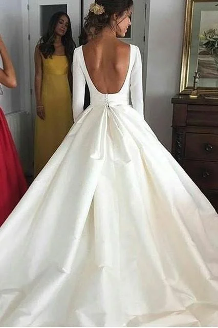 Ball Gown Long Sleeve Backless Ivory Wedding Dresses Long Cheap Bridal Dresses WK655 Chic Lace Dress