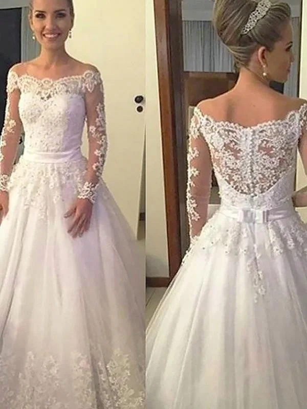 Ball Gown Tulle Applique Off-the-Shoulder Long Sleeves Court Train Wedding Dresses Elegant Lace Gown