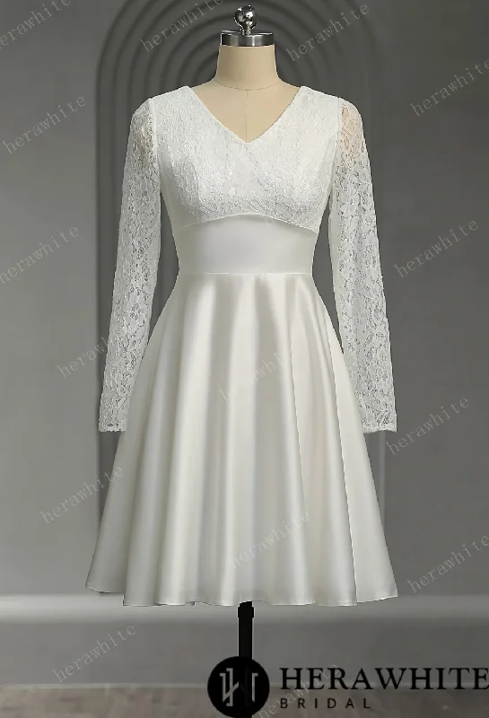 Classic V Neck Lace Short Wedding Dress Classic Bridal Gown