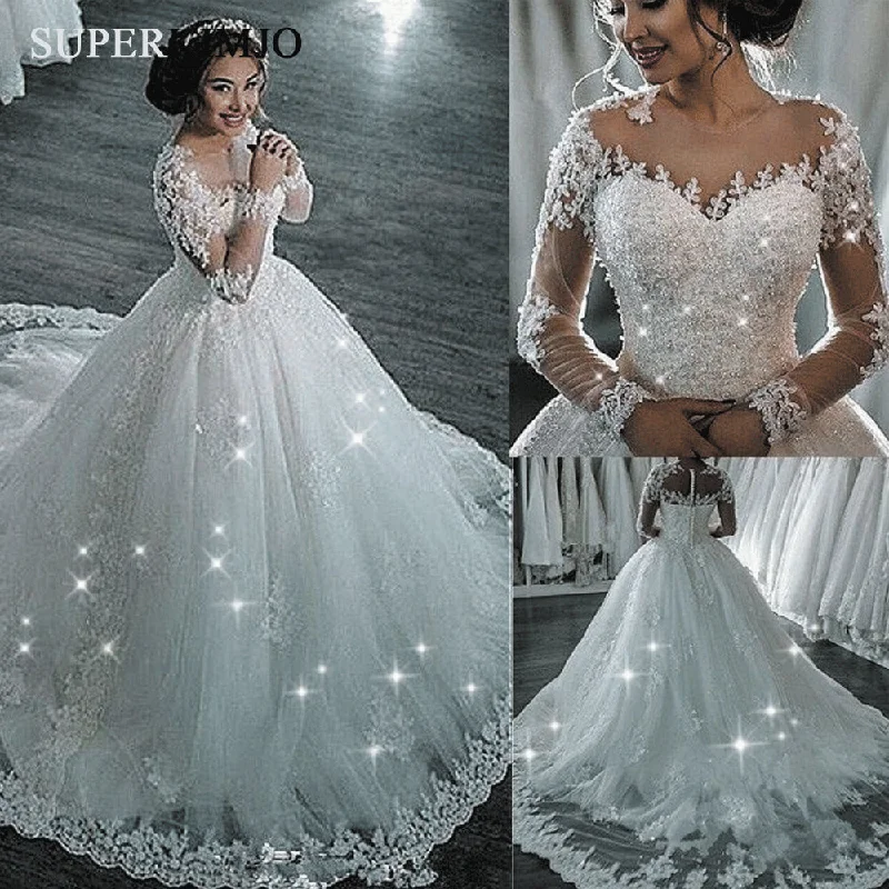 crystals wedding dresses 2020 lace appliqué elegant boho wedding gown vestido de novia Illusion Neckline Gown