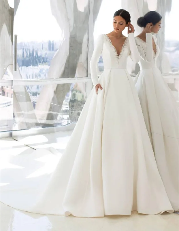 Custom Made Satin Wedding Dresses Simple Deep V-neck Long Sleeve Ruffled Bridal Gowns Ruffle Wedding Gown