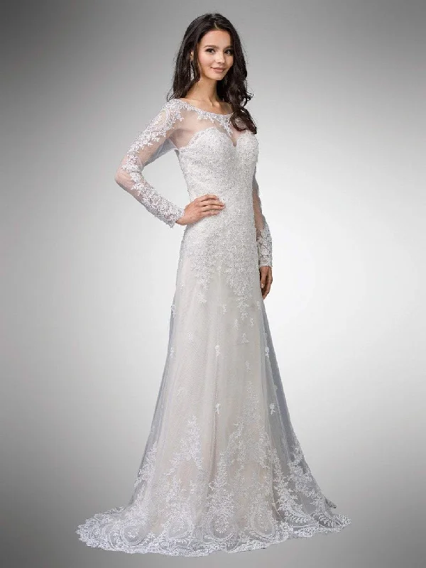 Dancing Queen Bridal - 9 Two Tone Beaded Lace Illusion Bateau A-line Gown Satin Lace Gown