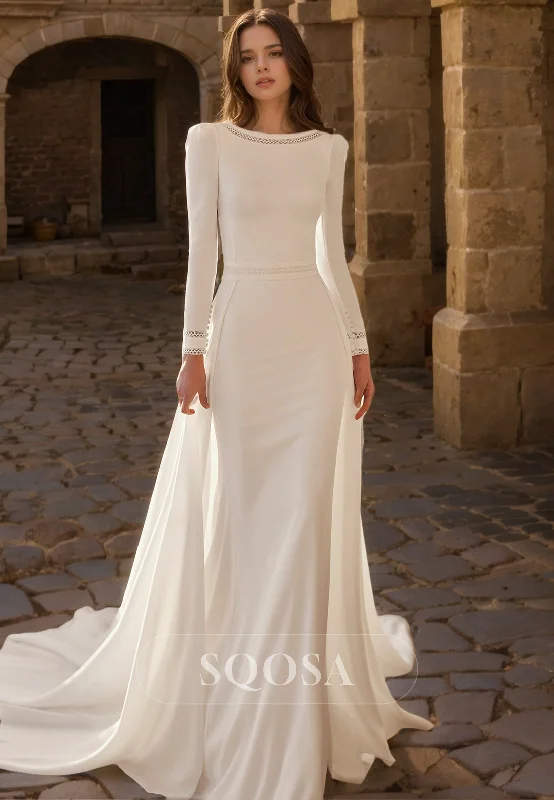 Sheath Bateau Long Sleeves Boho Wedding Dress with Train Off-shoulder Gown