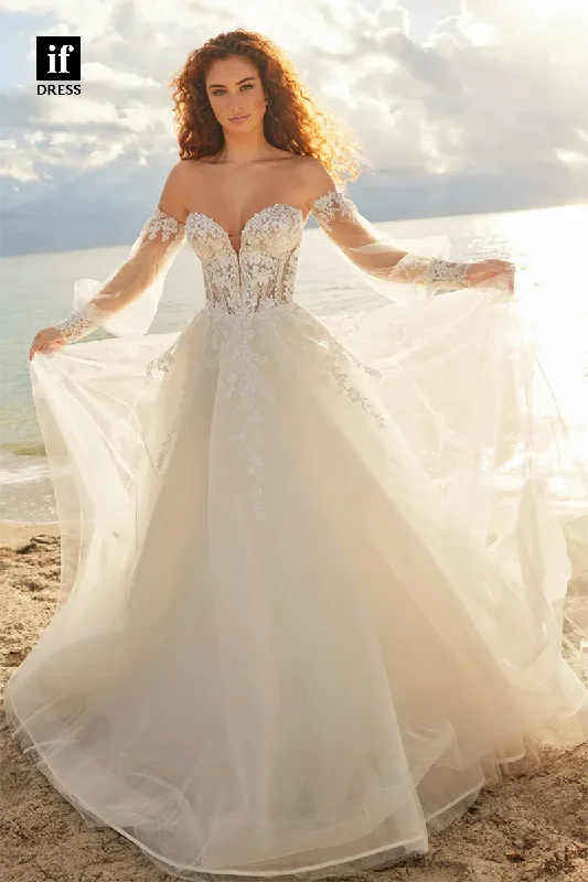 71150 - Romantic Off-Shoulder Appliques A-Line Beach Wedding Dress with Sleeves Romantic Lace Dress