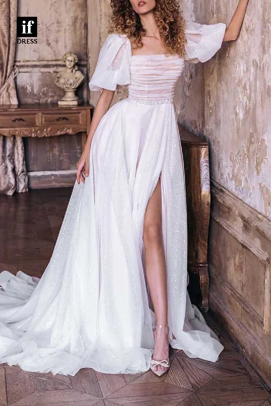 71152 - Glitter A-Line Short Belt Sleeves Side Slit Beach Wedding Dress Luxury Wedding Dress