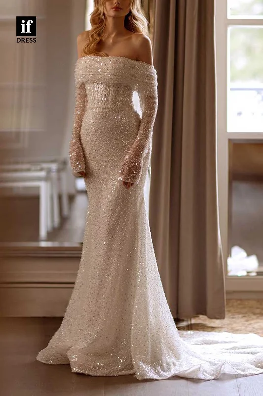 71176 - Classy Off-Shoulder Sequins Mermaid Long Sleeves Beach Wedding Dress Silk Bridal Dress