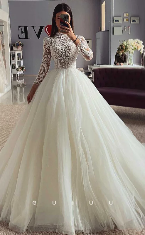 GW805 -  A-Line High Neck Long Sleeves Court Train Lace Wedding Dress Full Skirt Wedding