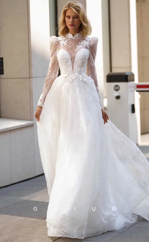 GW862 -  Formal High Neck Long Sleeves Lace Appliques Backless Wedding Dress White Lace Gown