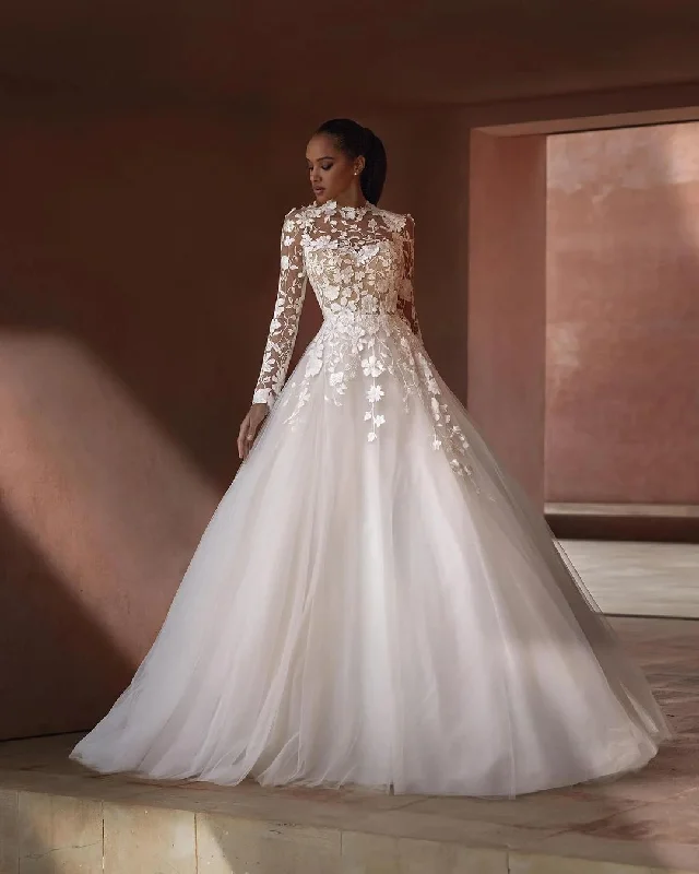 GW937 - A-Line High Neck Long Sleeves Appliuques Open Back Tulle Wedding Dress with Train Short Wedding Gown