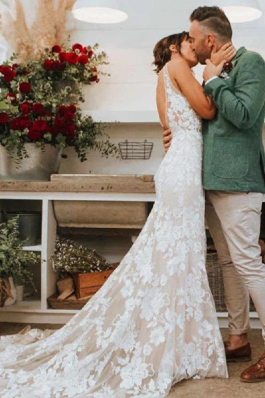 Elegant Mermaid Lace Appliques Straps V Neck Ivory Wedding Dresses, Beach Wedding Gowns STI15515 Sexy Wedding Dress