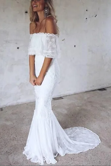 Elegant Mermaid Off the Shoulder Half Sleeve White Lace Beach Wedding Dresses WK779 Modern Bridal Gown