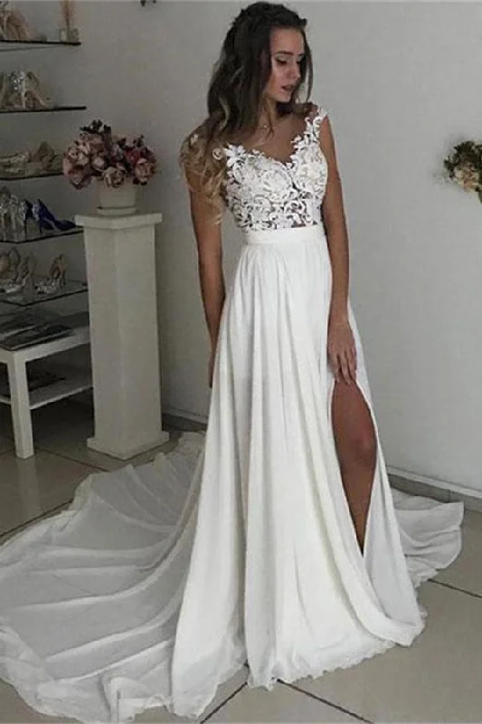 Formal Long Ivory Lace Chiffon Side Slit Cap Sleeve Cheap Beach Wedding Dresses WK107 Beautiful Bridal Gown