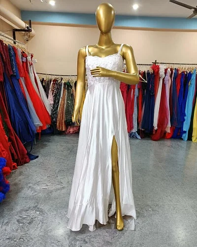 W633, White Slit Cut Evening Gown, (All Sizes) Soft Wedding Gown