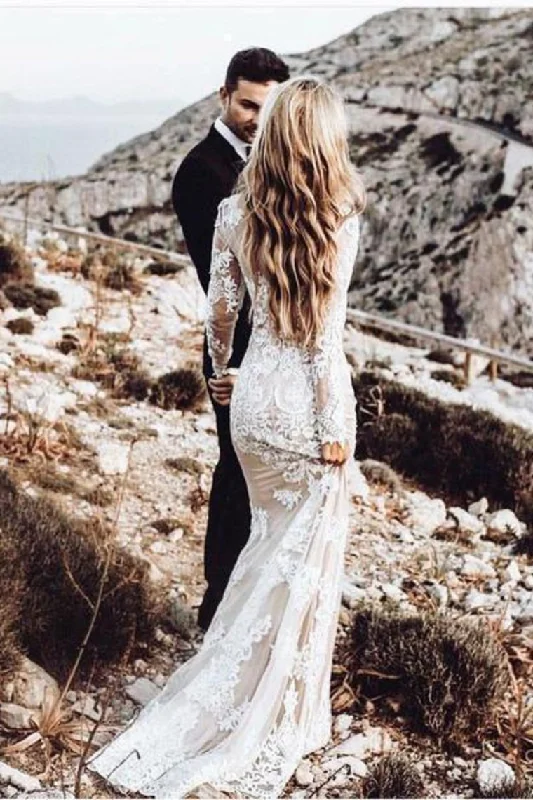 Long Sleeve Round Neck Lace Applique Wedding Dresses Vintage Mermaid Wedding Dress Classic Bridal Dress