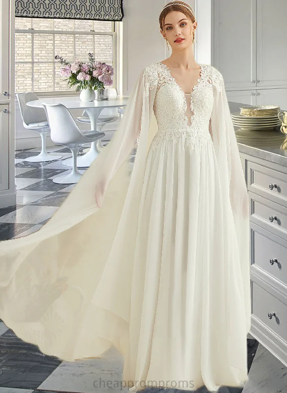 Miley A-Line V-neck Floor-Length Chiffon Lace Wedding Dress With Sequins STIP0013736 Lace A-line Dress