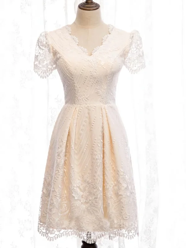 Short Sleeves Short Champagne Lace Prom Dresses, Short Champagne Lace Formal Wedding Dresses Embroidered Wedding Dress