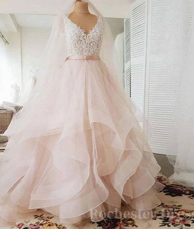 Unique v neck tulle lace long prom dress, tulle wedding dress Silk Wedding Gown