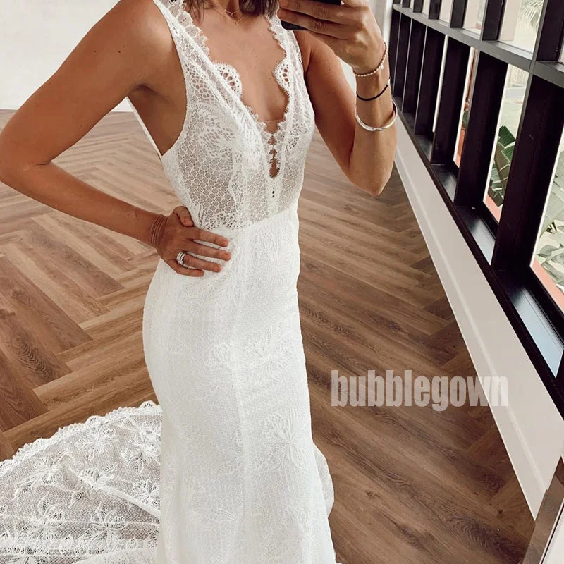 V-neck Sleeveless Lace Bridal Long Wedding Dresses, BGH005 Romantic Wedding Dress